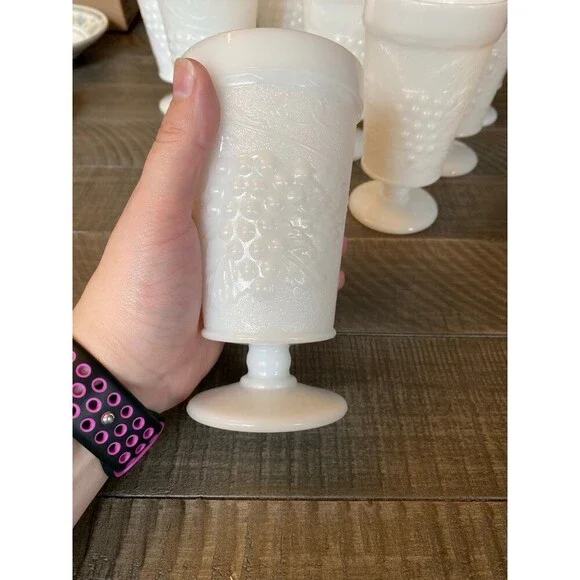 Vintage footed milk glass goblet cups with grapes and vine design - Picture 2 of 12